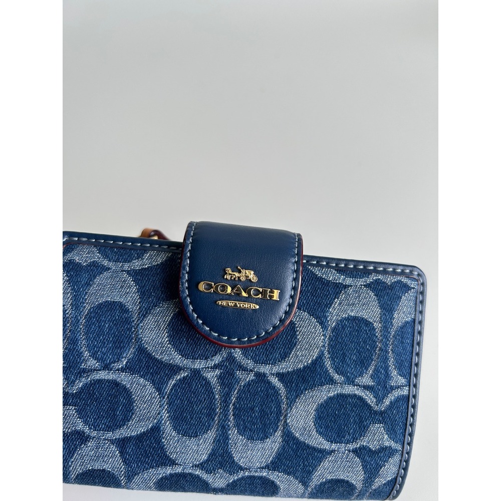 Coach Medium Corner Zip Wallet Navy Blue Signature Chambray Leather Excellent - Picture 4 of 6